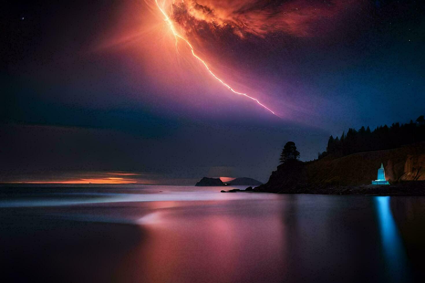 un' fulmine bullone scioperi il cielo al di sopra di un' corpo di acqua. ai-generato foto