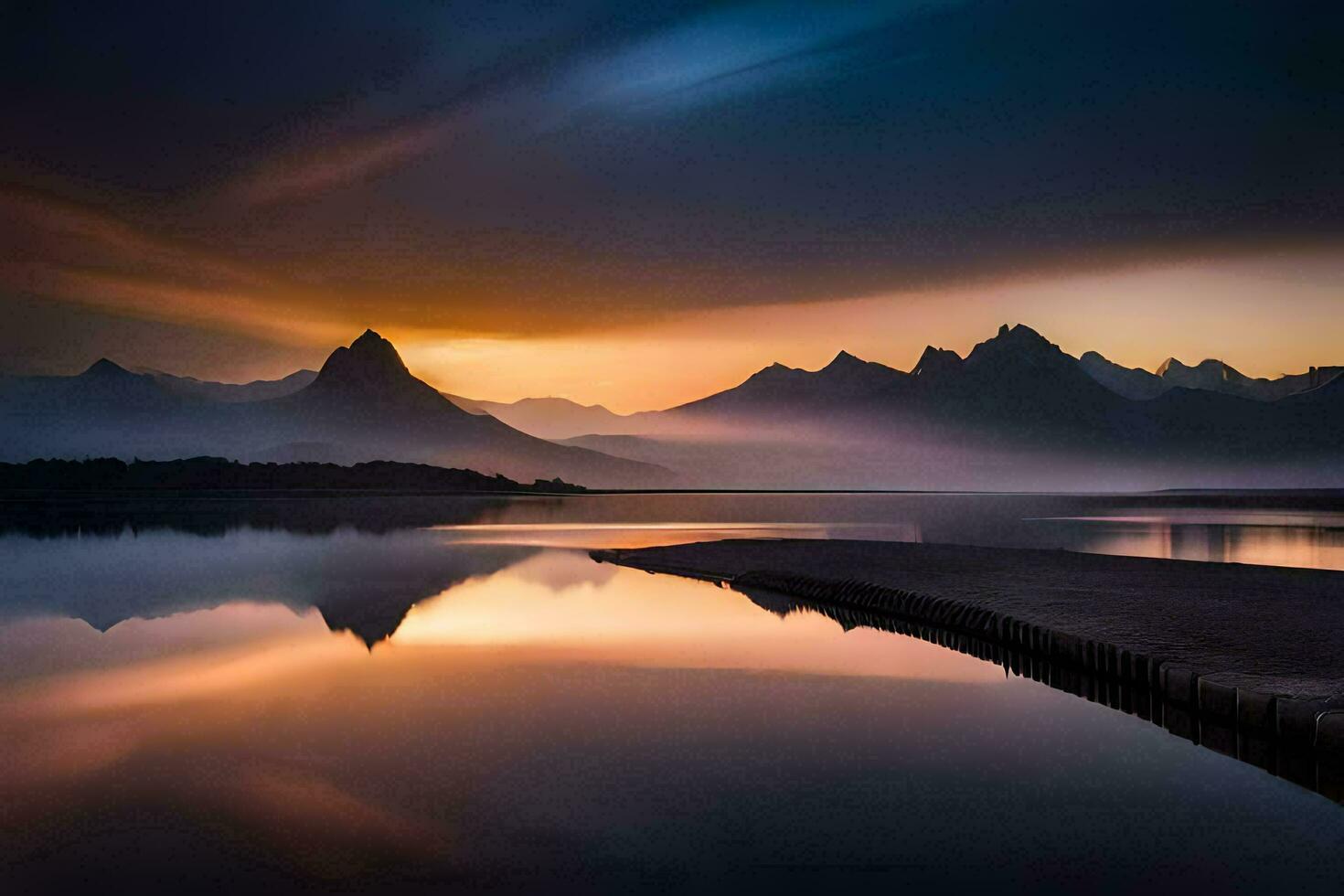 il sole sorge al di sopra di montagne e acqua. ai-generato foto