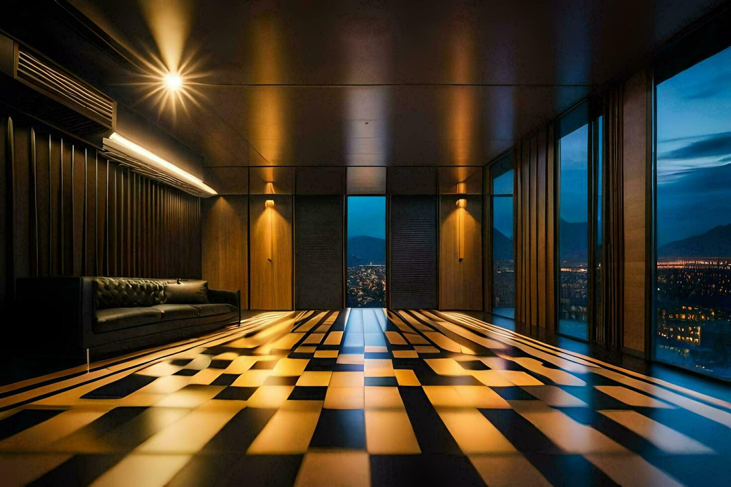 il camera è illuminato su con nero e bianca scacchi pavimentazione. ai-generato foto