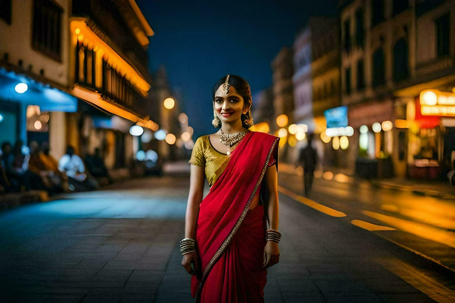 un' bellissimo indiano donna nel un' rosso sari in piedi nel il mezzo di un' città strada a. ai-generato foto