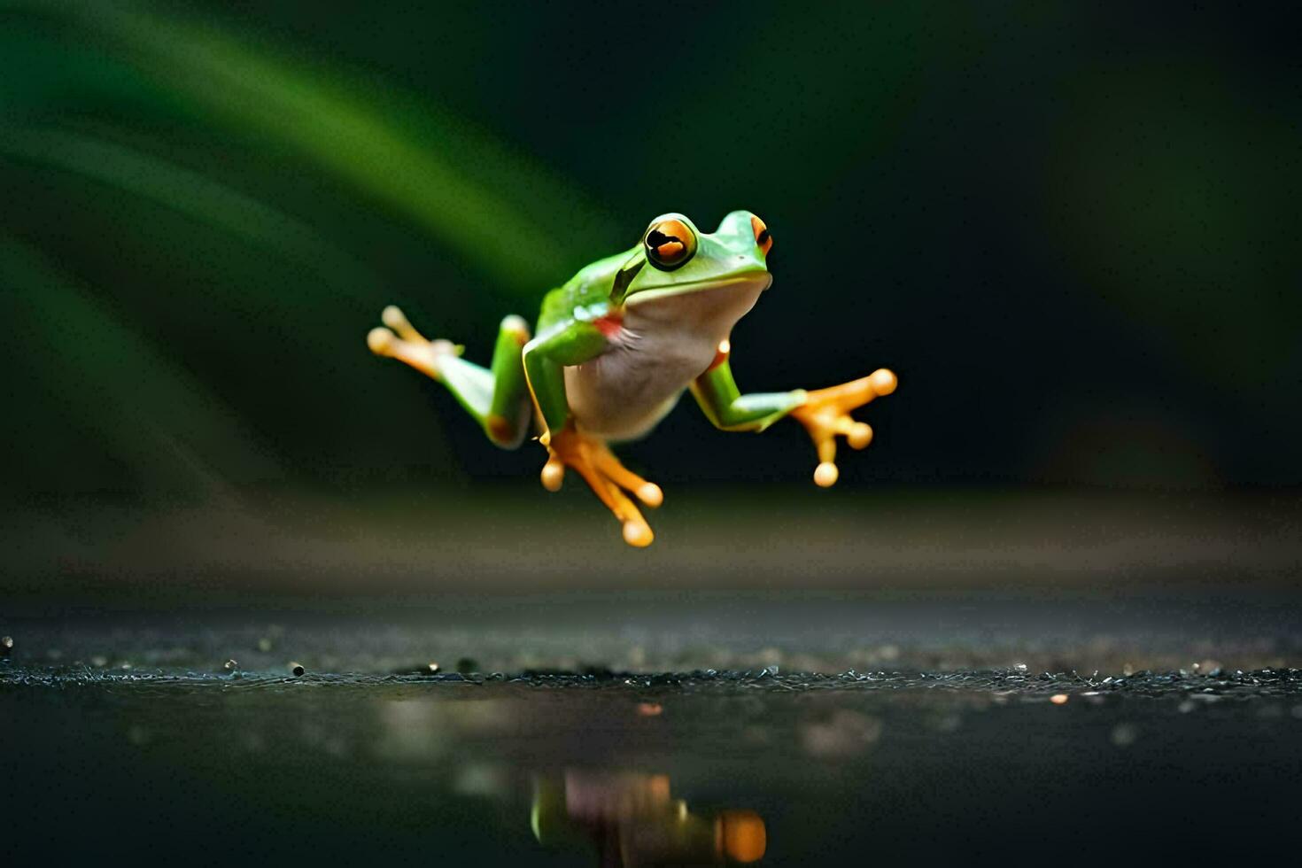 un' rana salto in il aria su un' bagnato superficie. ai-generato foto