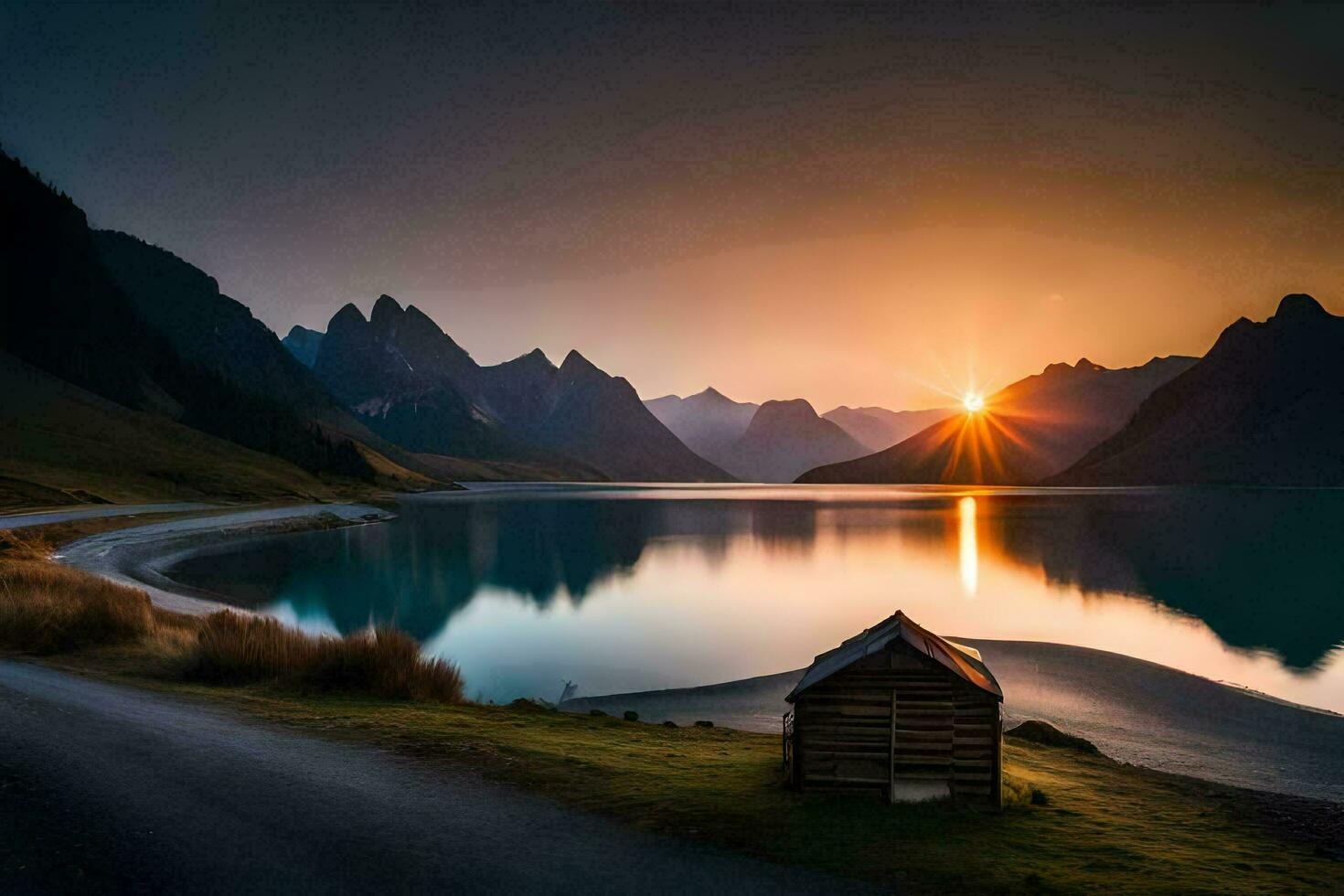 il sole sorge al di sopra di un' lago e montagne. ai-generato foto