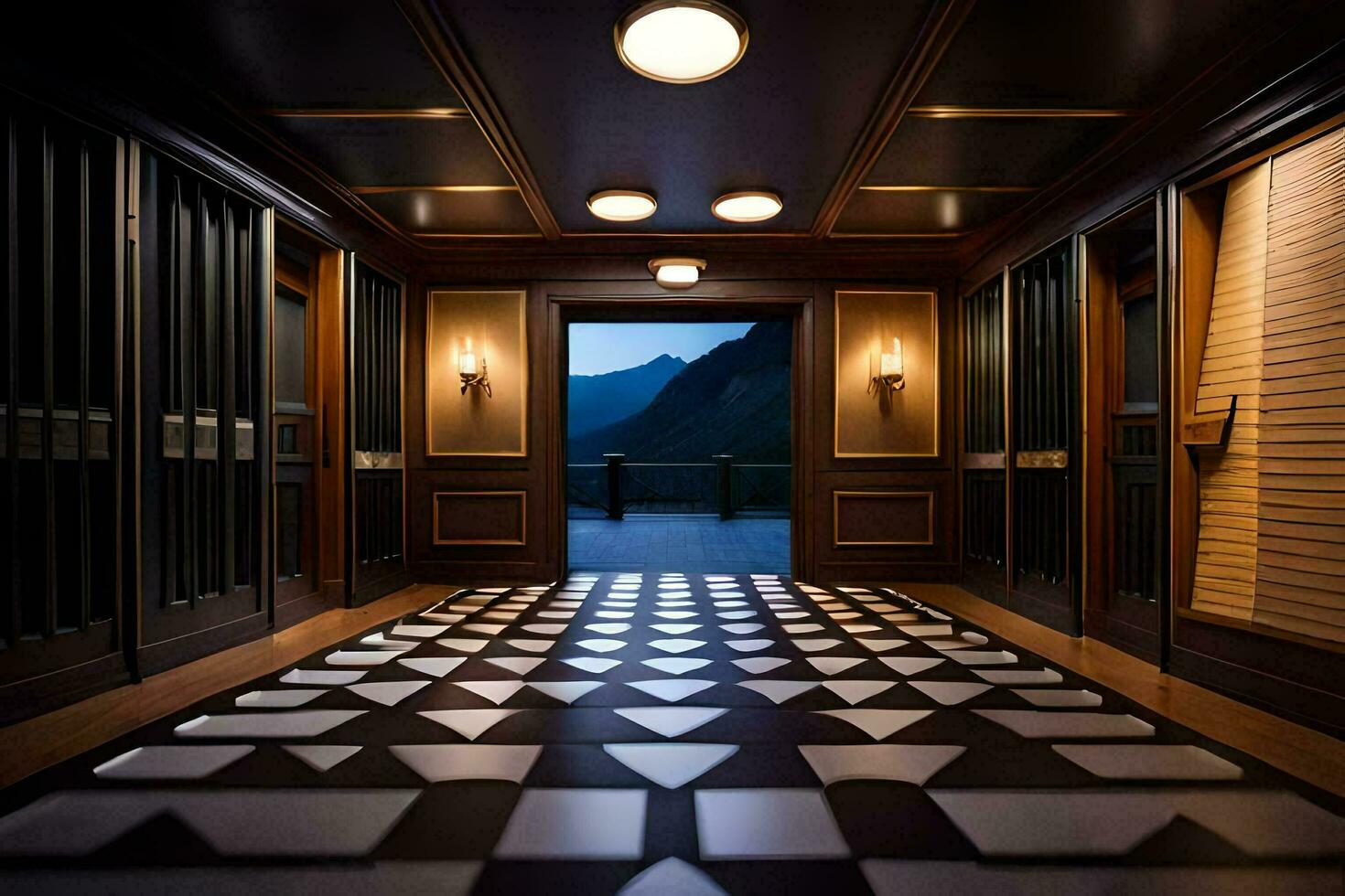 il corridoio ha un' nero e bianca scacchi pavimento. ai-generato foto