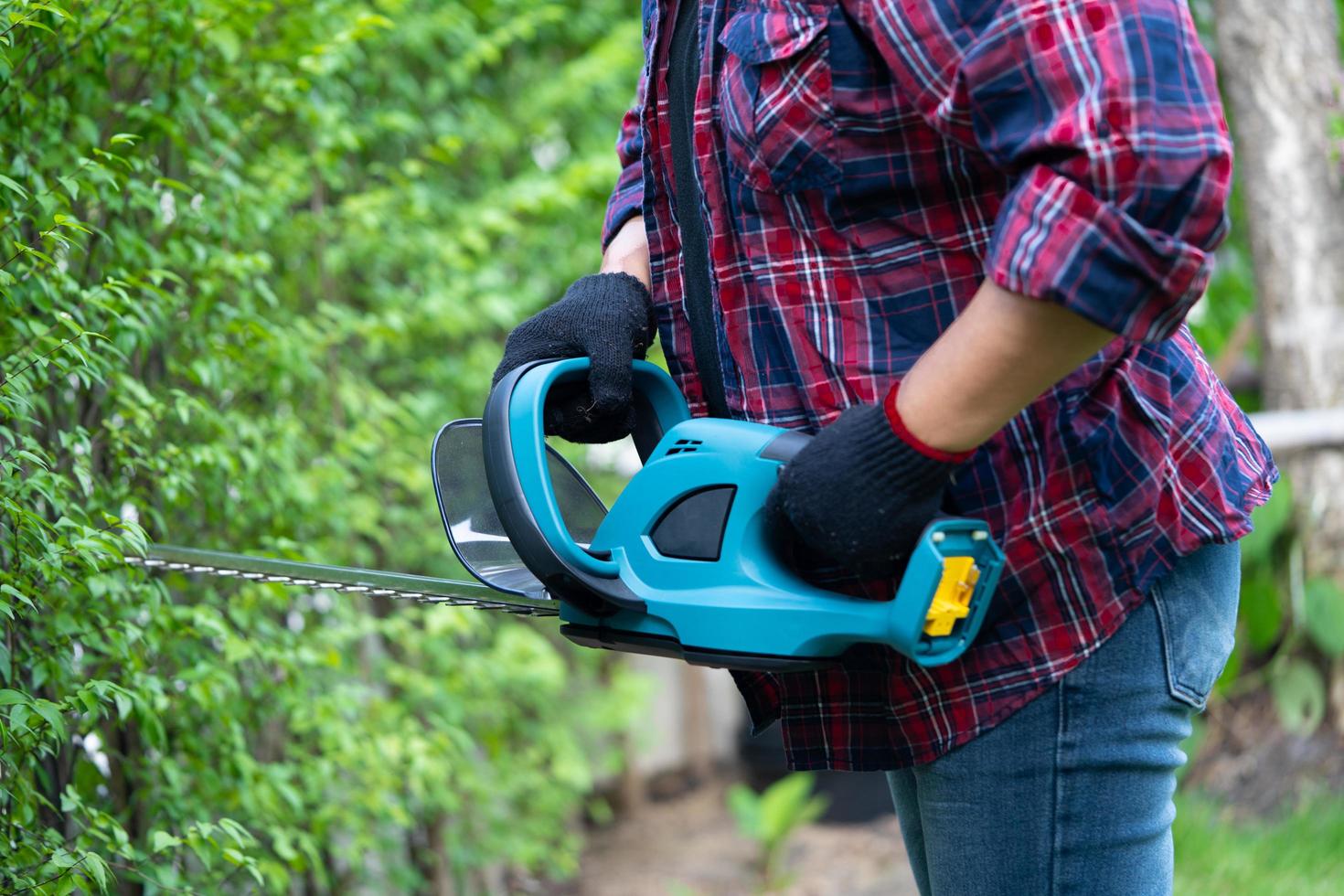 giardiniere che tiene il tagliasiepi elettrico per tagliare la cima degli alberi foto