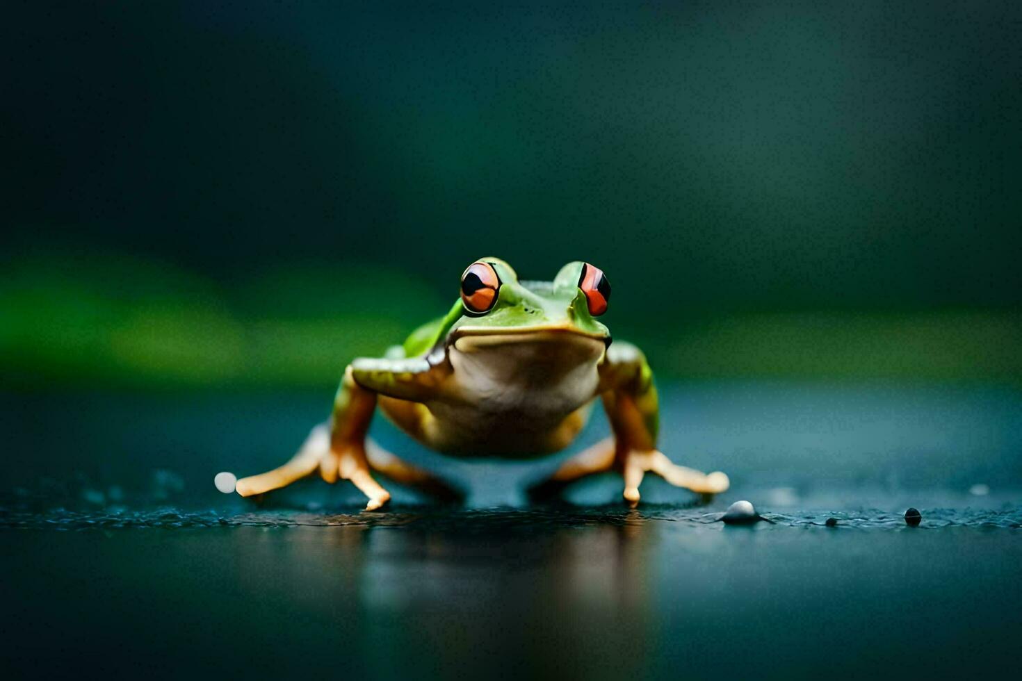 un' rana è seduta su il terra con suo occhi aprire. ai-generato foto