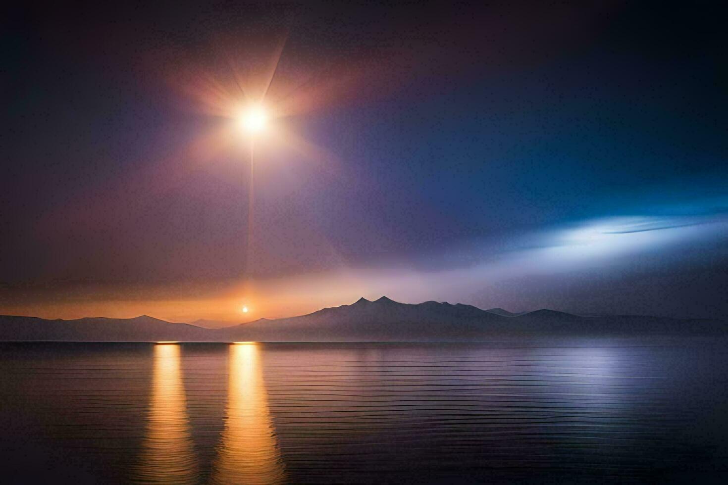 il sole è splendente al di sopra di un' montagna gamma e acqua. ai-generato foto