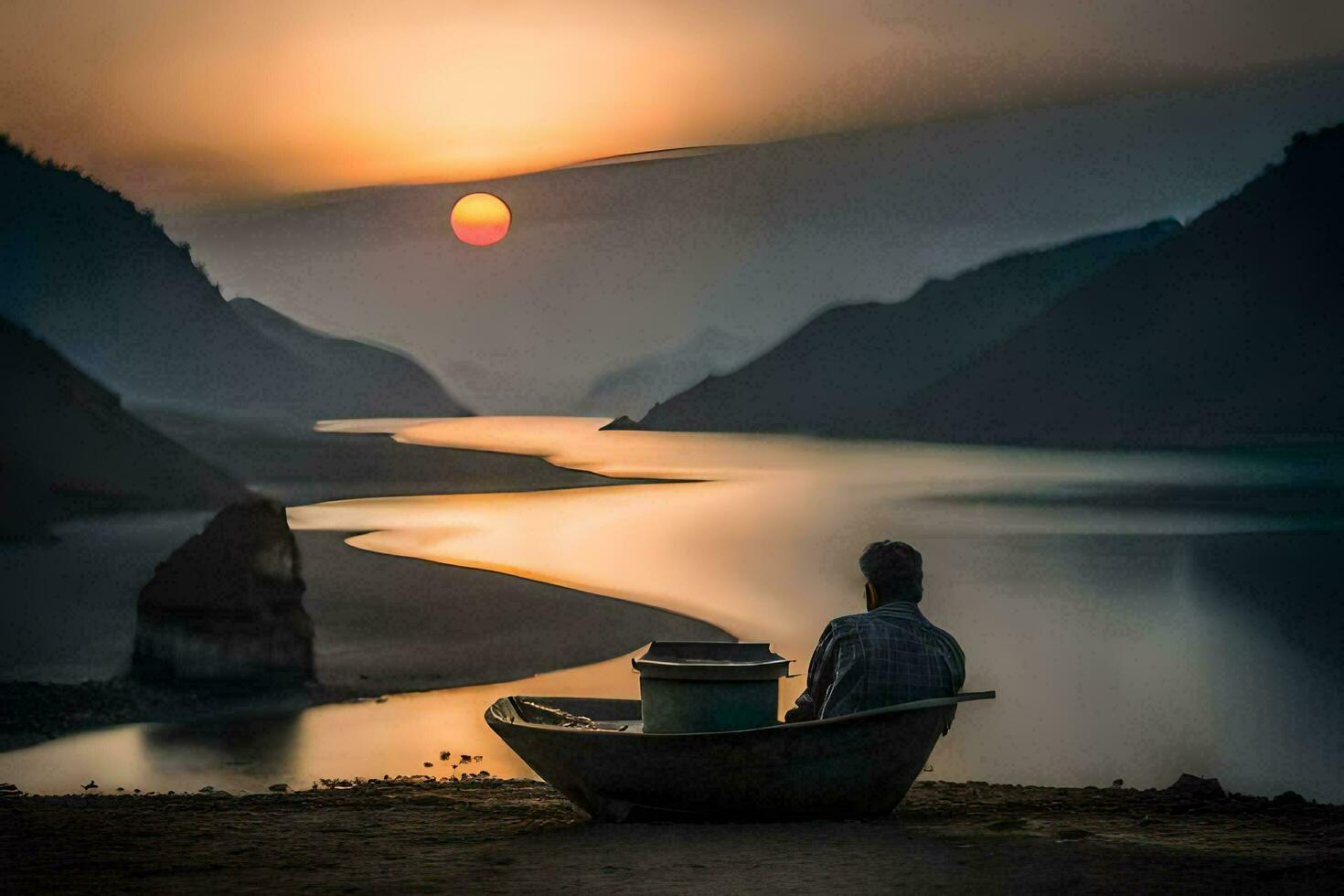 un' uomo seduta nel un' barca Guardando il sole impostato al di sopra di un' lago. ai-generato foto