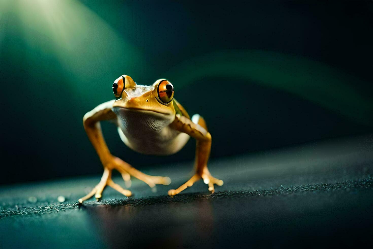 un' rana è in piedi su un' buio superficie. ai-generato foto