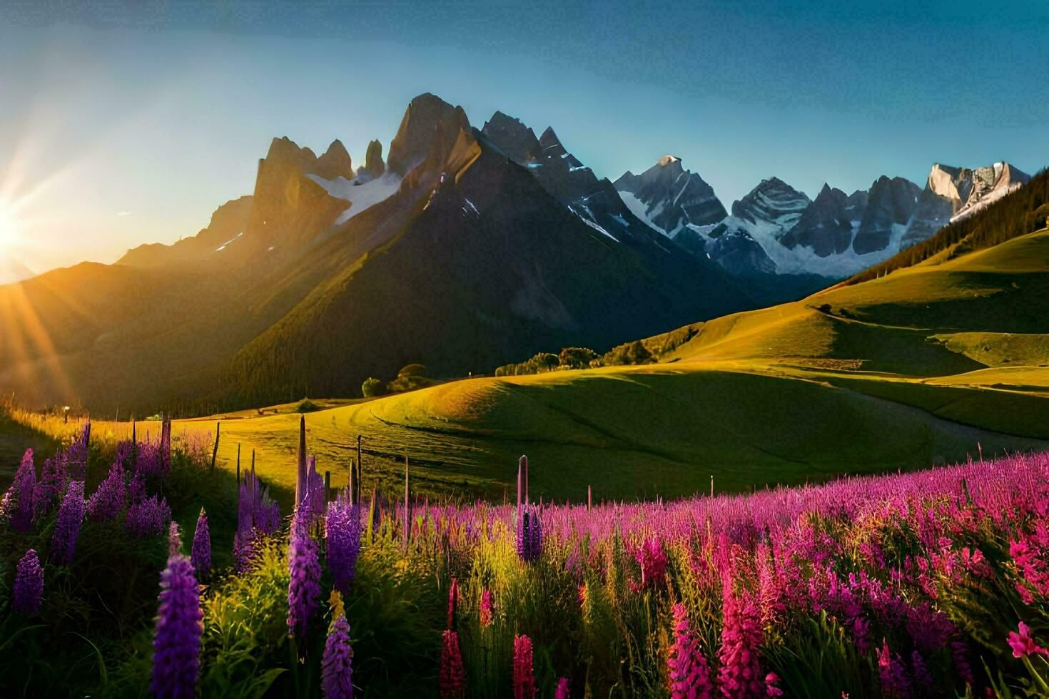 il sole sorge al di sopra di il montagne e fiori nel il primo piano. ai-generato foto