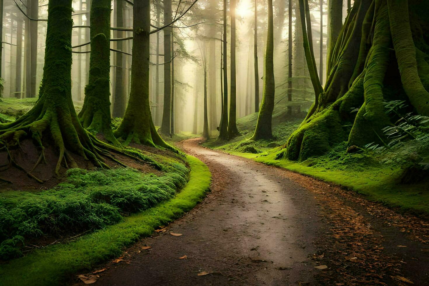 un' sentiero attraverso un' verde foresta con alberi. ai-generato foto