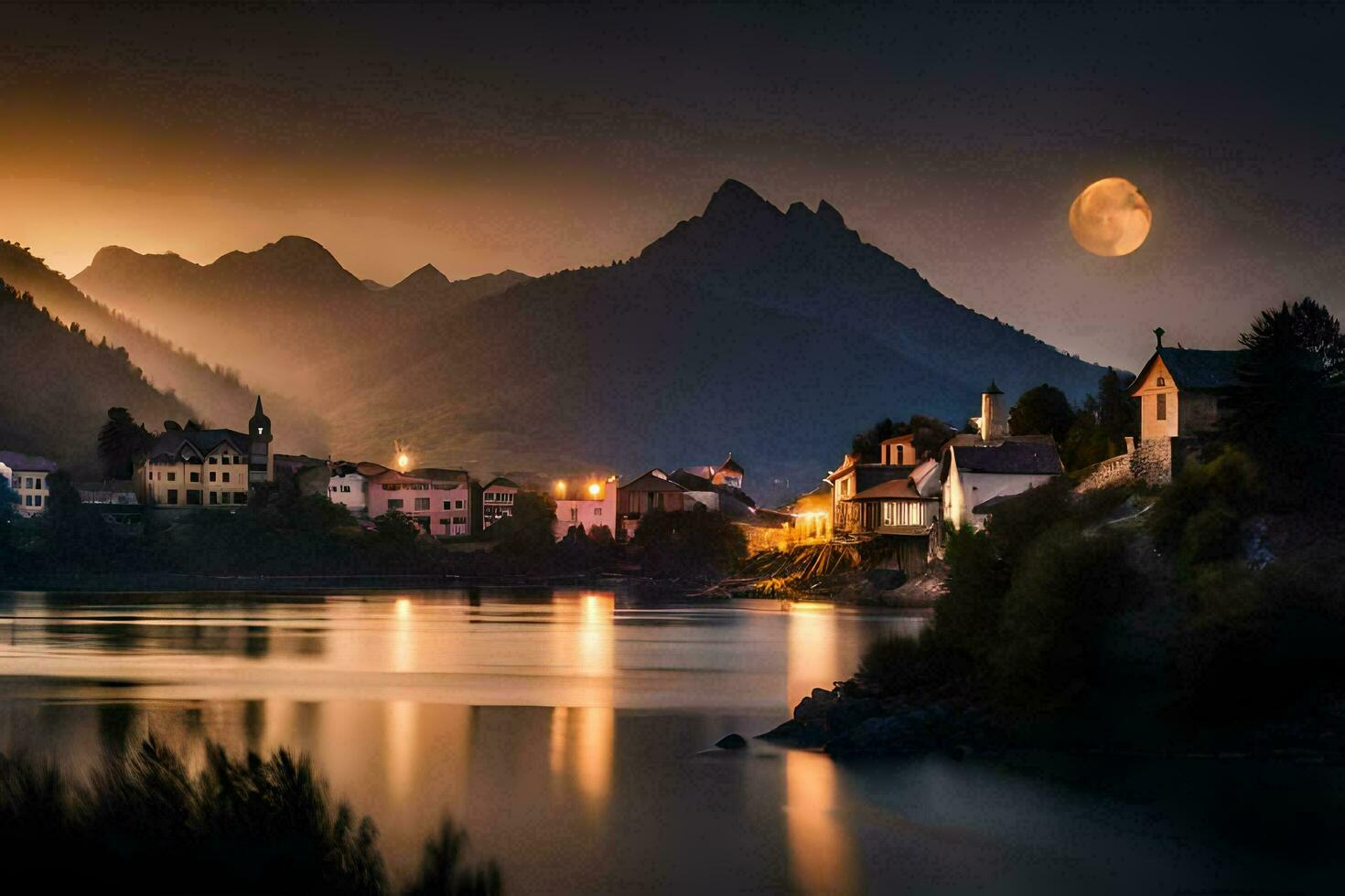 foto sfondo il cielo, montagne, lago, il Luna, il chiaro di luna, il chiaro di luna. ai-generato