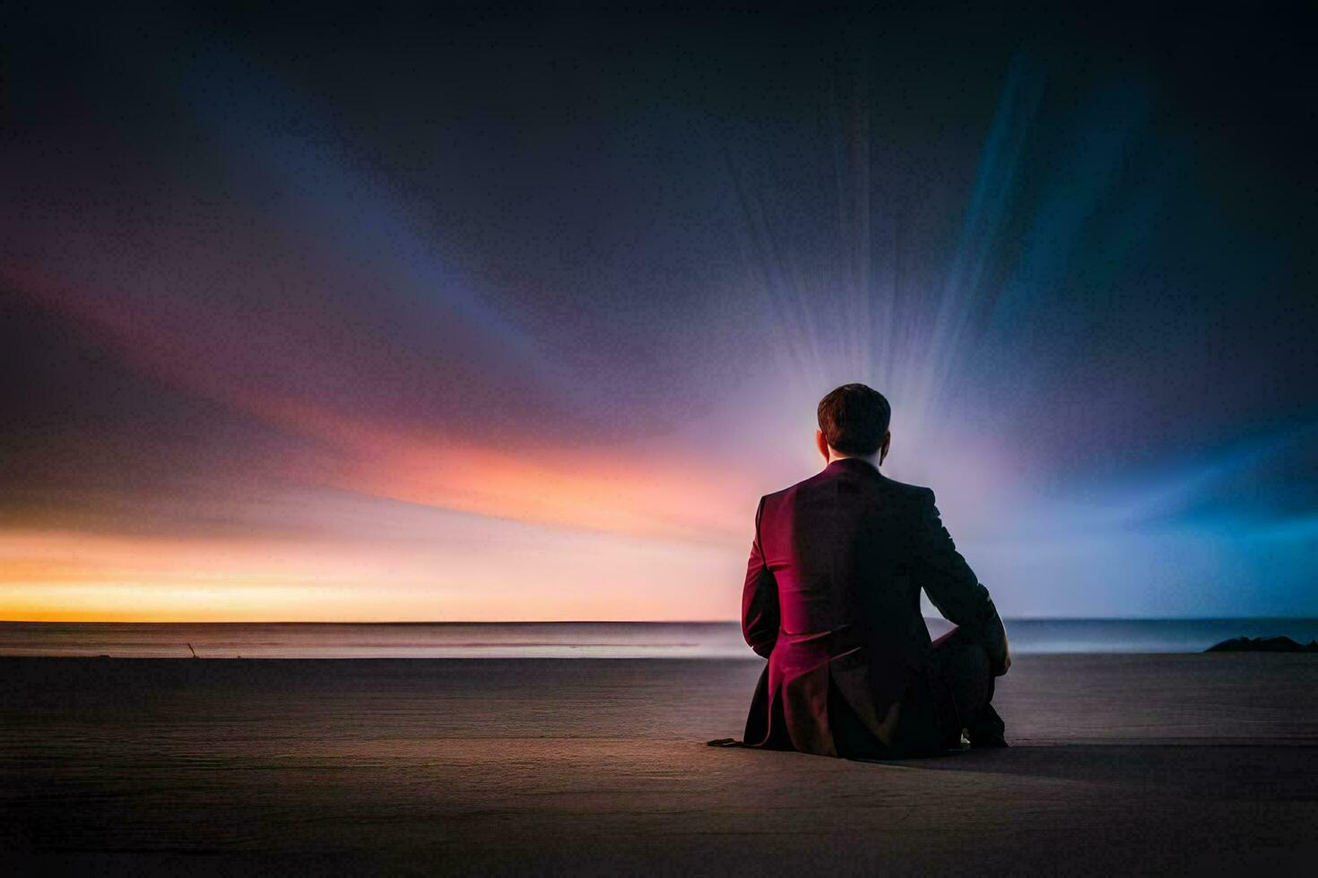 un' uomo nel un' completo da uomo si siede su il spiaggia a tramonto. ai-generato foto