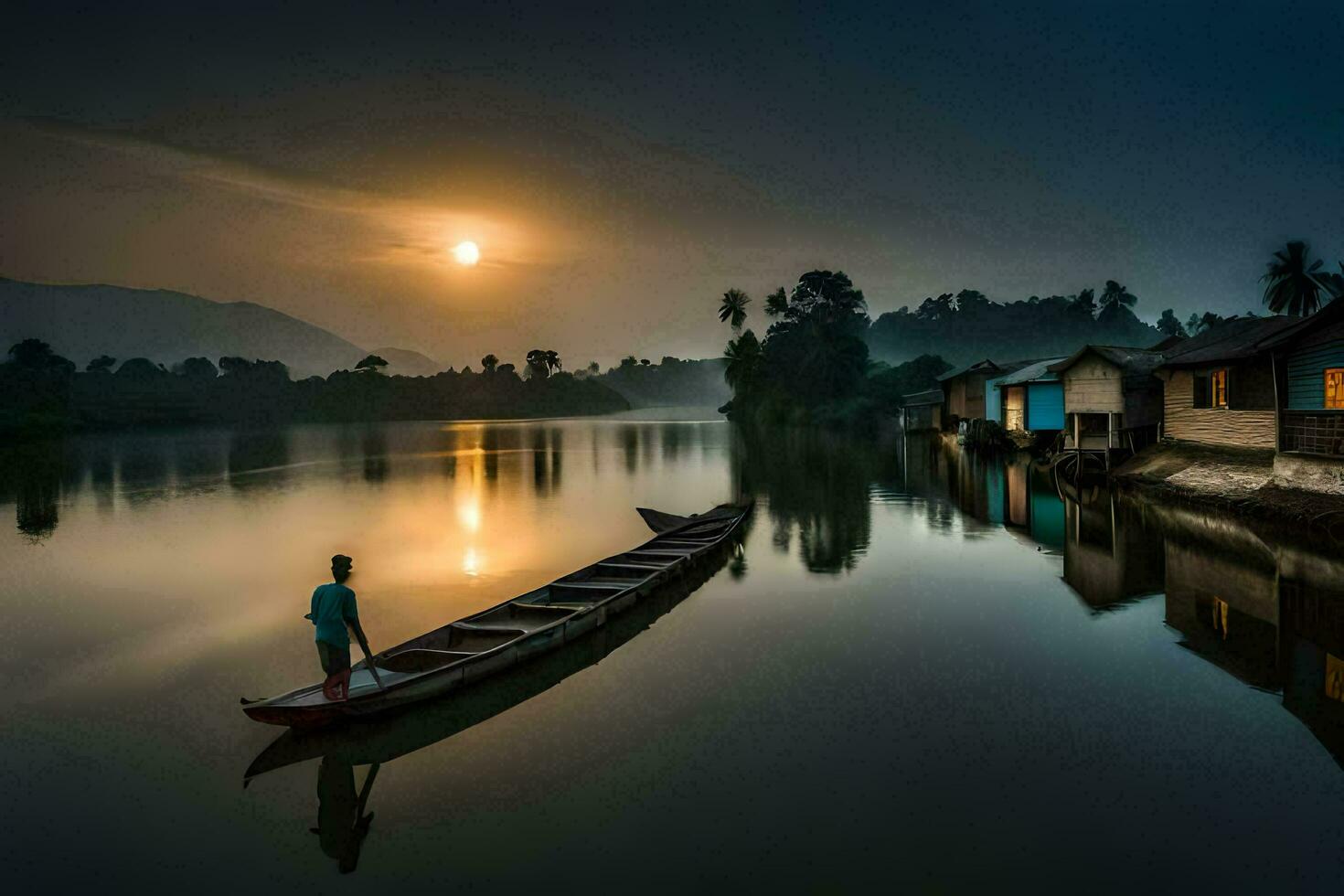 un' uomo sta su un' barca nel davanti di un' Casa a tramonto. ai-generato foto