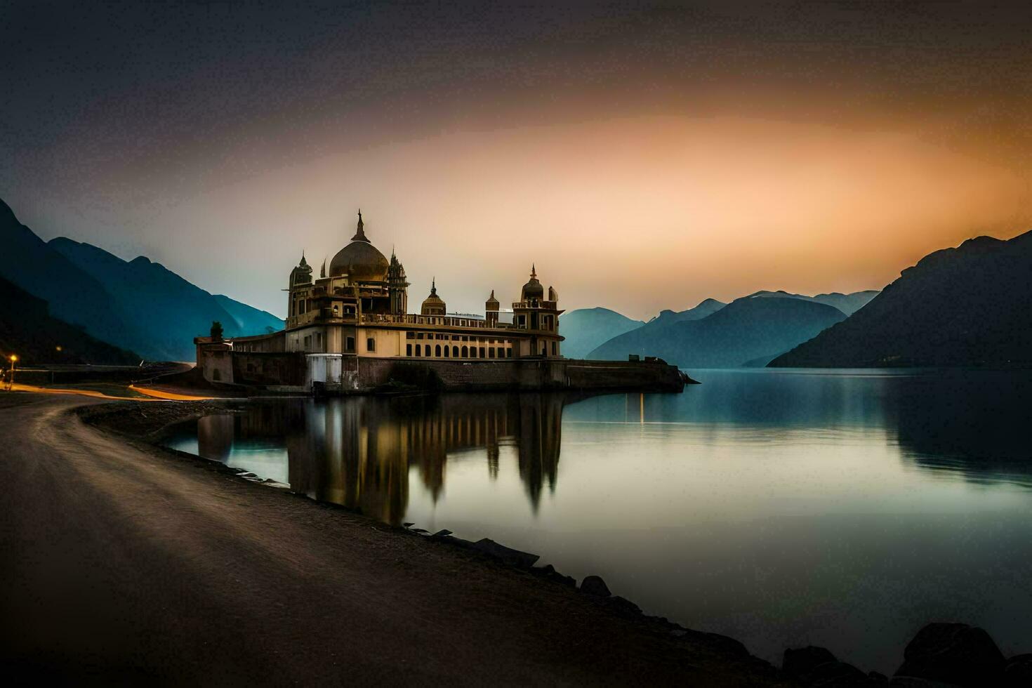 un' bellissimo Chiesa si siede su il riva di un' lago. ai-generato foto