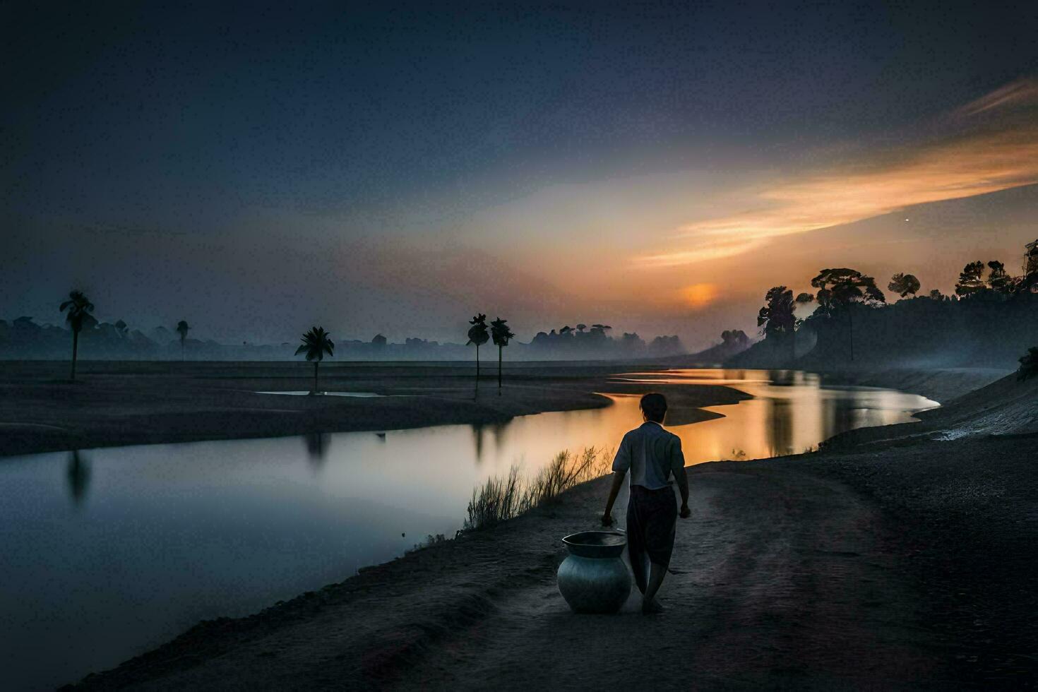 un' uomo a piedi lungo il strada con un' secchio di acqua. ai-generato foto