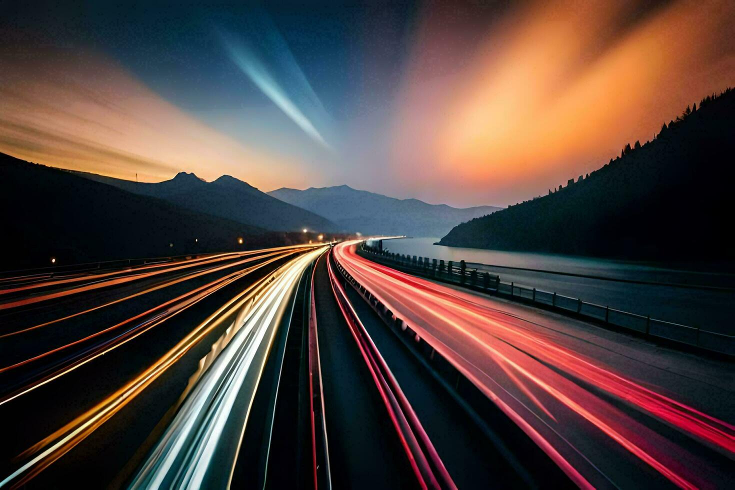 un' lungo esposizione fotografia di un' autostrada a notte. ai-generato foto