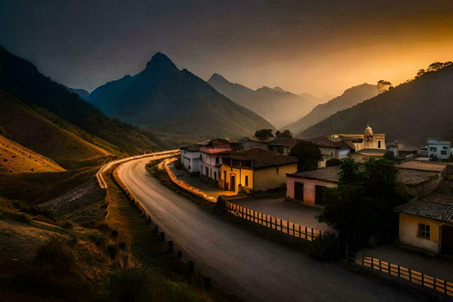 un' strada nel il montagne a tramonto. ai-generato foto