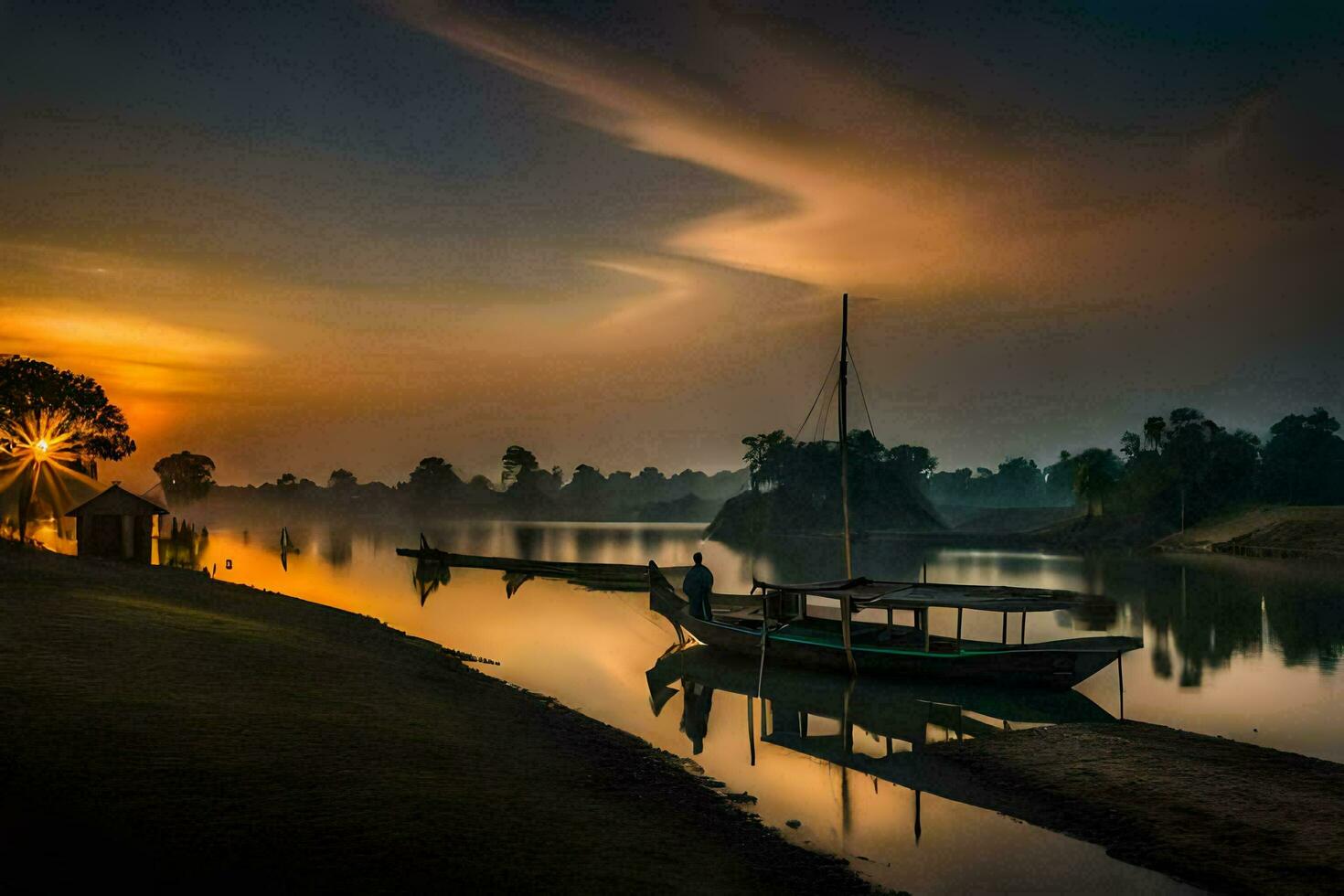 un' barca si siede su il riva a tramonto. ai-generato foto