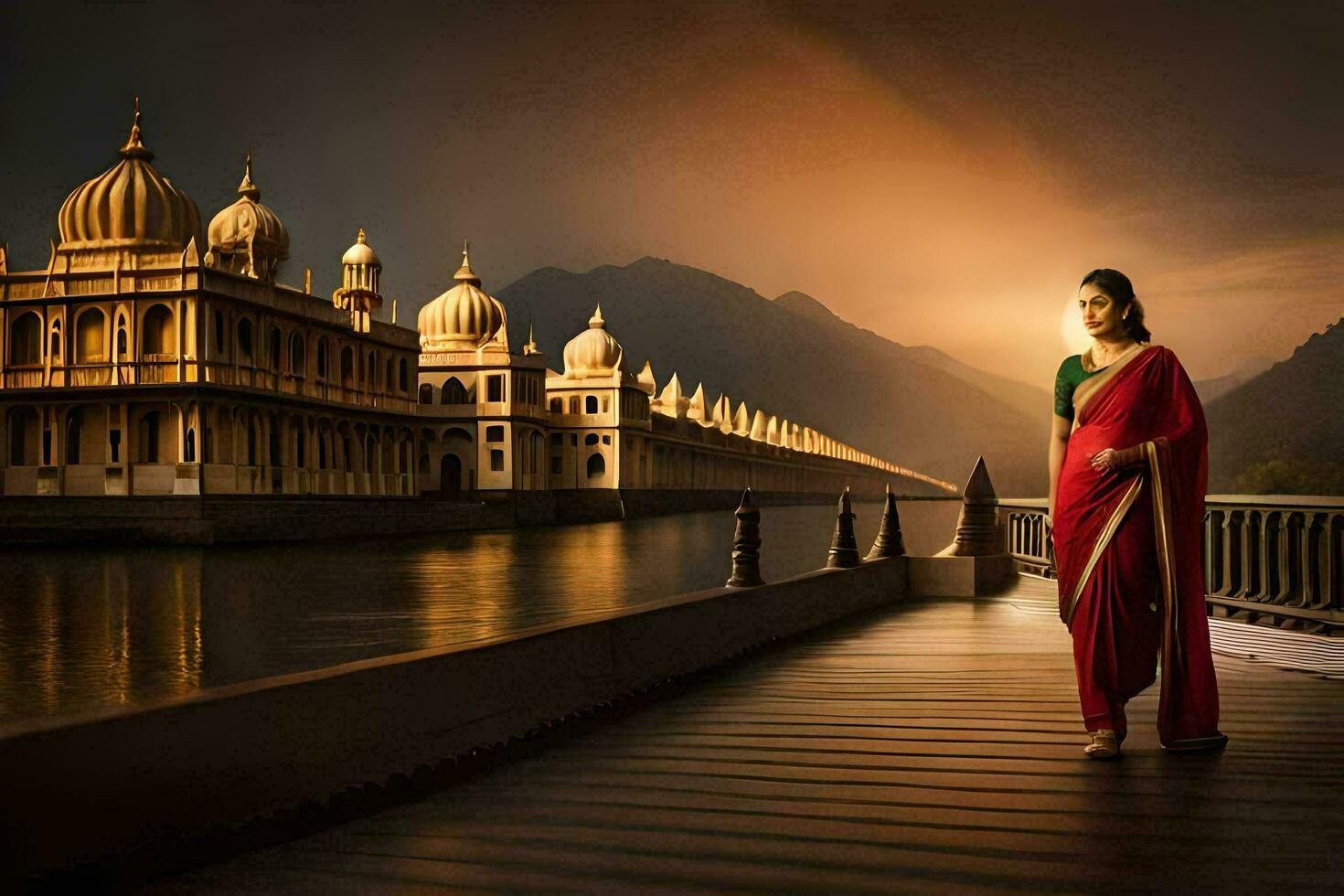 un' donna nel un' rosso sari sta su un' ponte nel davanti di un' tempio. ai-generato foto