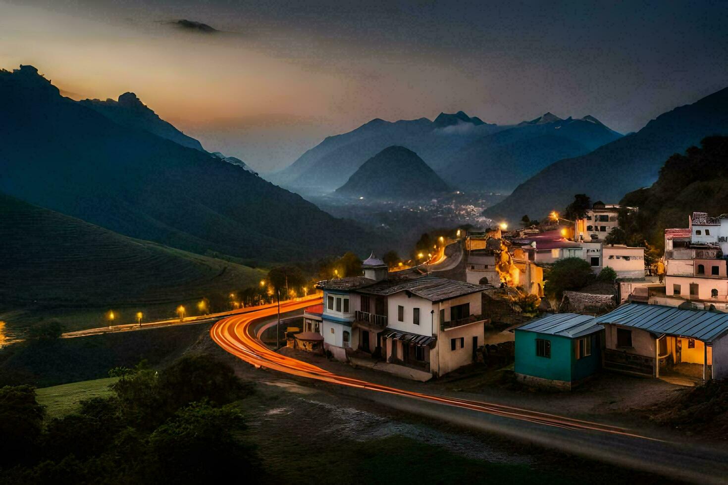 un' villaggio nel il montagne a crepuscolo. ai-generato foto