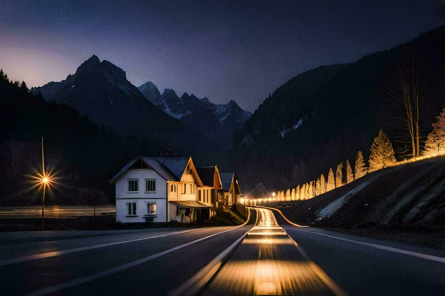 un' lungo esposizione foto di un' strada nel il montagne. ai-generato