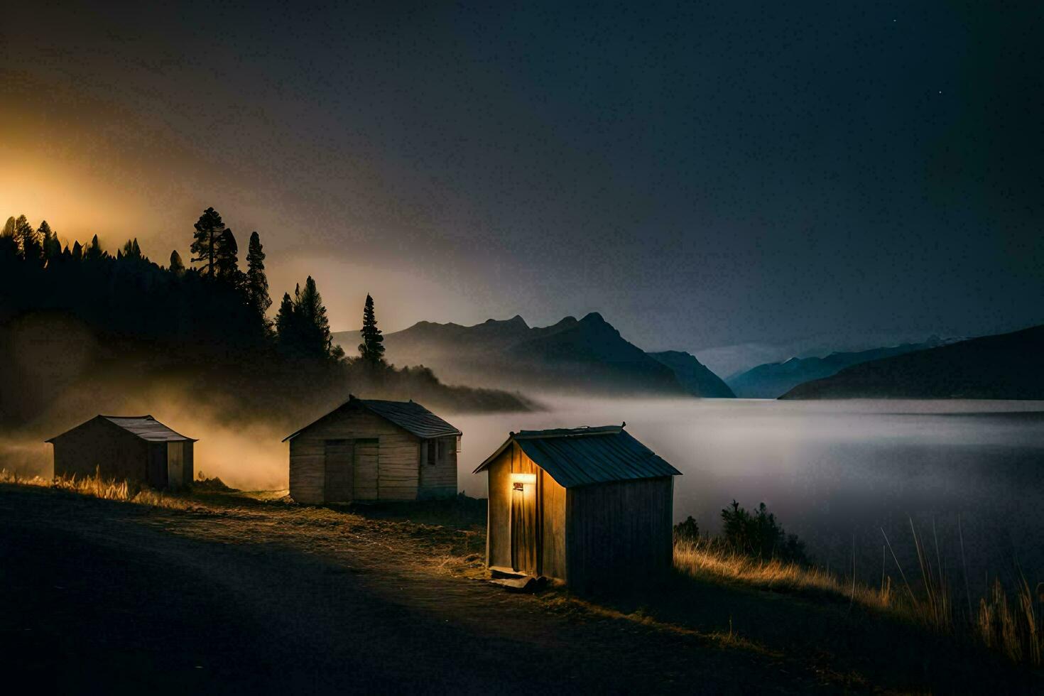 foto sfondo il cielo, nebbia, montagne, lago, capanna, nebbia, il Luna, luce. ai-generato