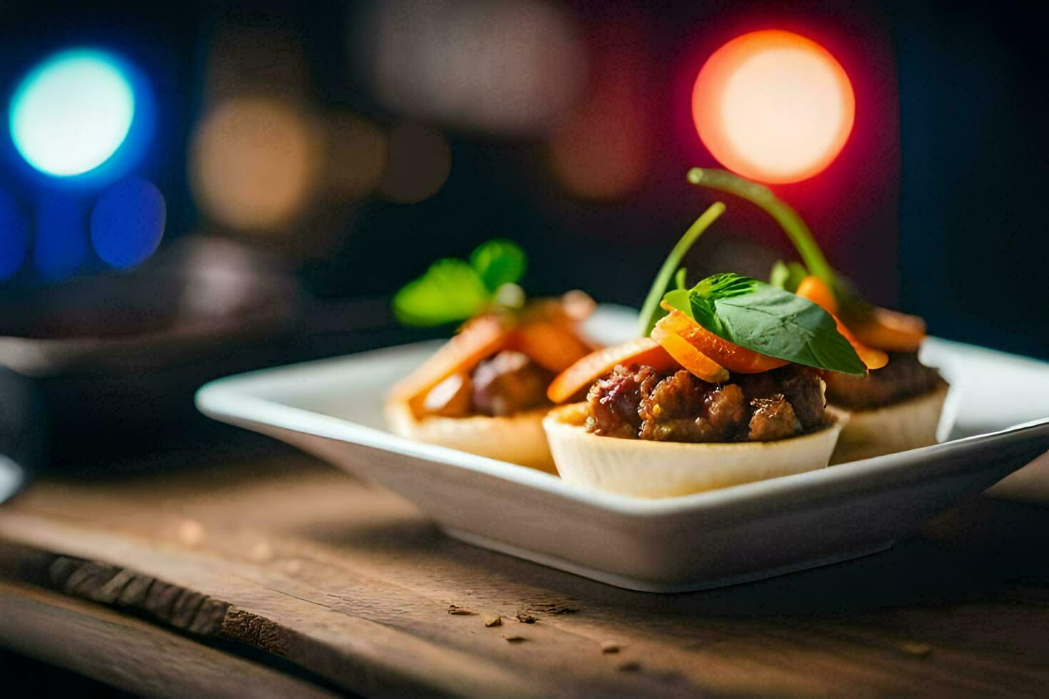 piccolo aperitivo nel un' bianca piatto su un' di legno tavolo. ai-generato foto