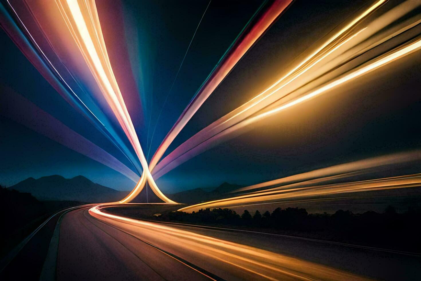 un' lungo esposizione fotografia di un' autostrada a notte. ai-generato foto