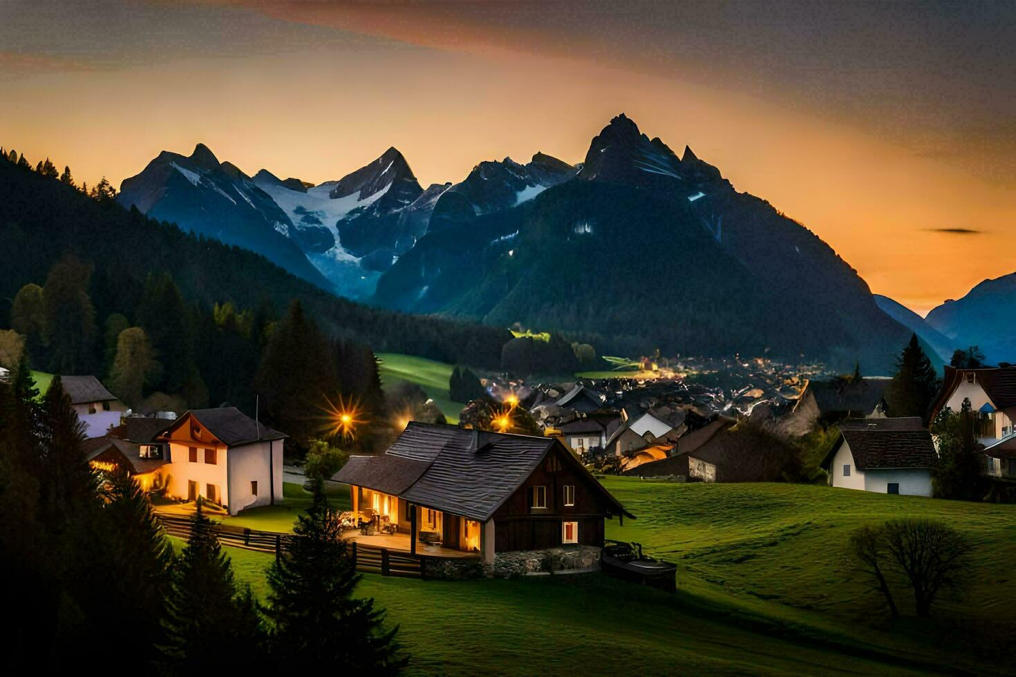 foto sfondo il cielo, montagne, alberi, Casa, villaggio, tramonto, montagne, casa,. ai-generato