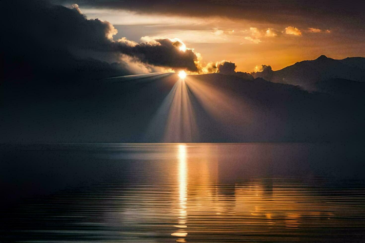 raggi di sole brillare attraverso il nuvole al di sopra di un' lago. ai-generato foto