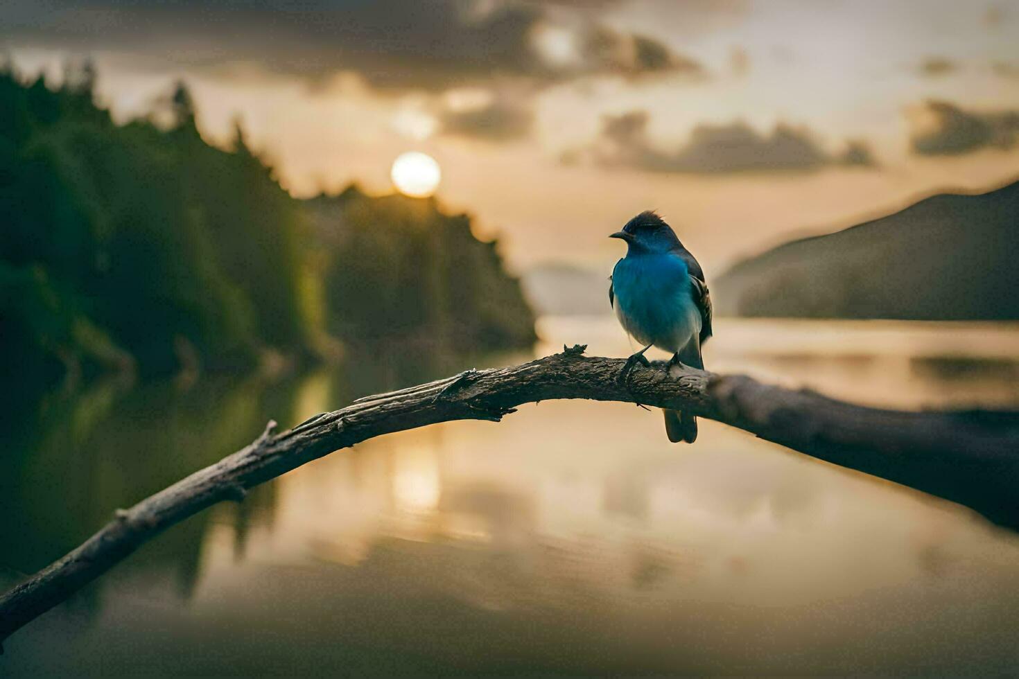 un' blu uccello si siede su un' ramo vicino un' lago. ai-generato foto