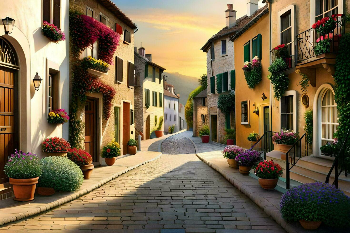 un' strada con fiori e impianti su il lato. ai-generato foto