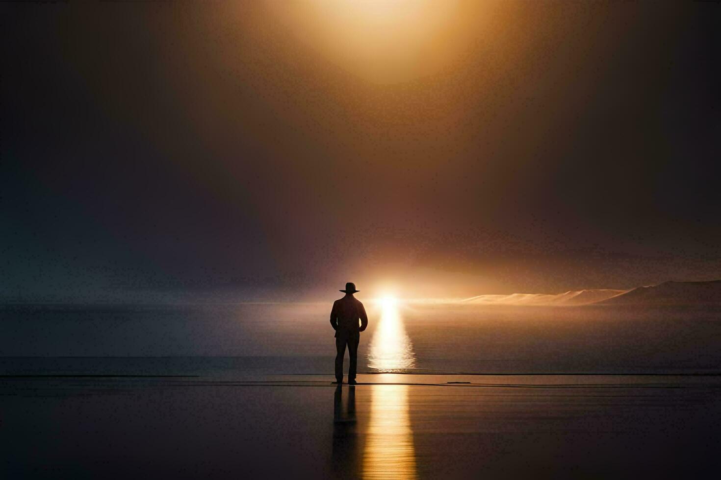 un' uomo in piedi su il spiaggia a tramonto. ai-generato foto