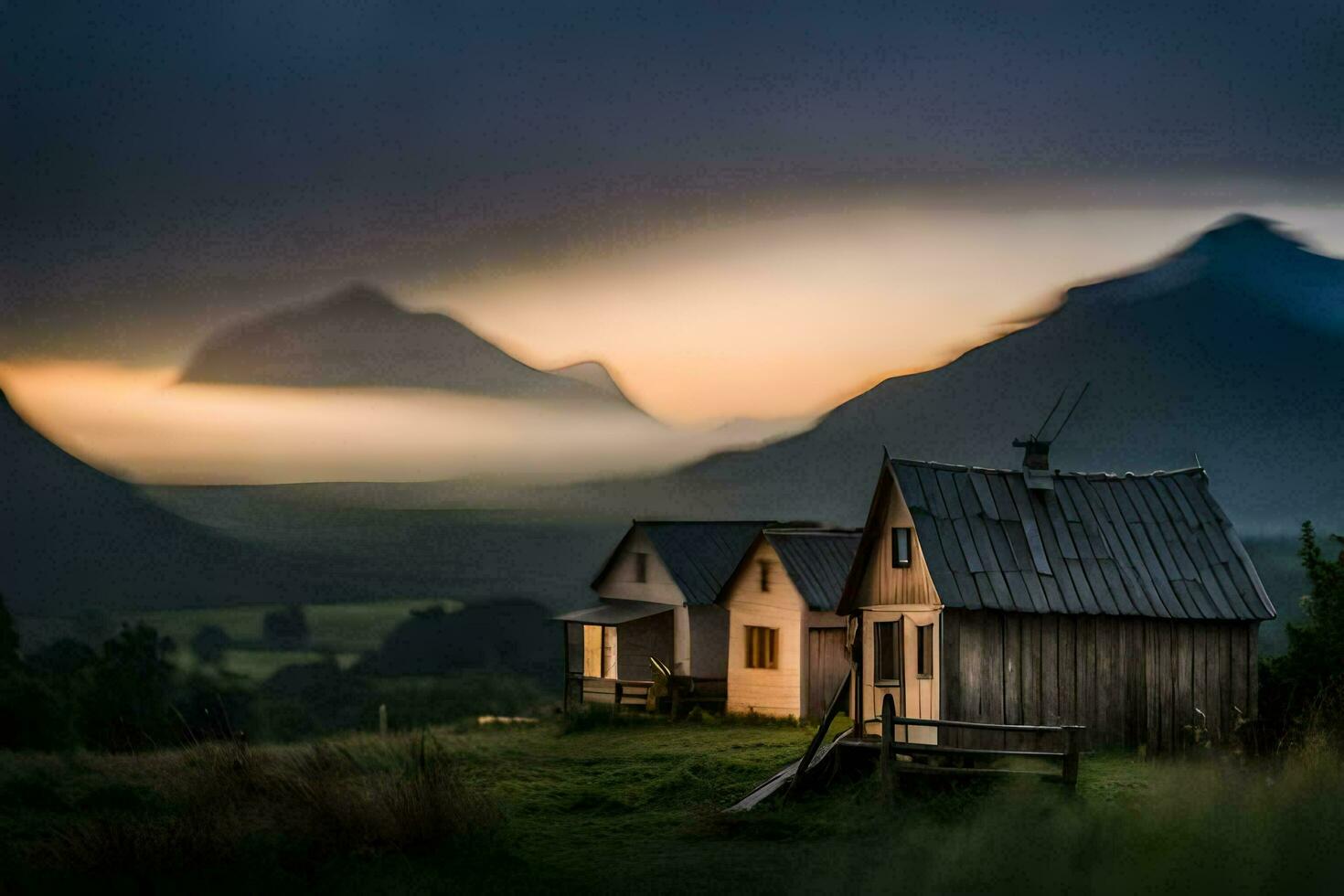 Due piccolo di legno case nel il montagne a tramonto. ai-generato foto