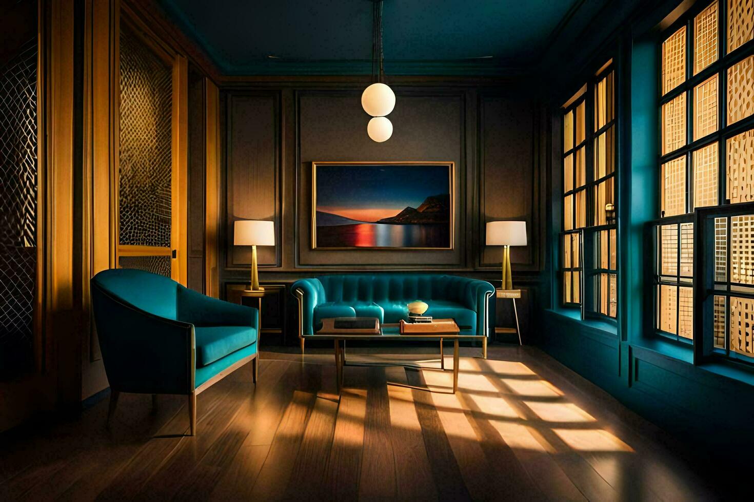 un' vivente camera con blu muri e un' blu divano. ai-generato foto
