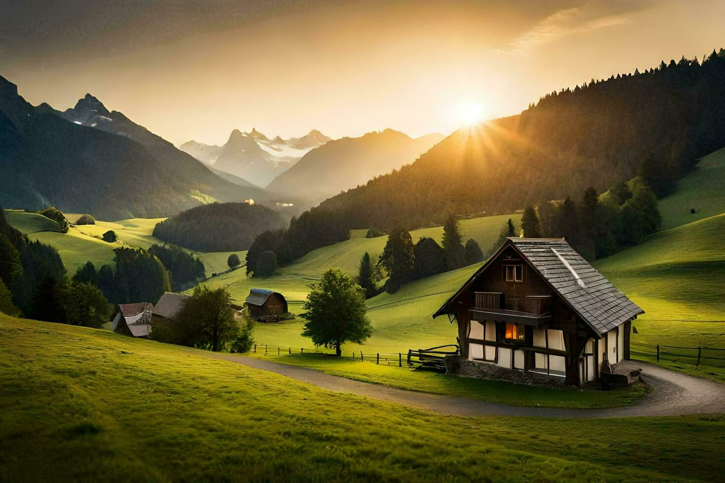 il sole sorge al di sopra di un' montagna villaggio nel il Alpi. ai-generato foto