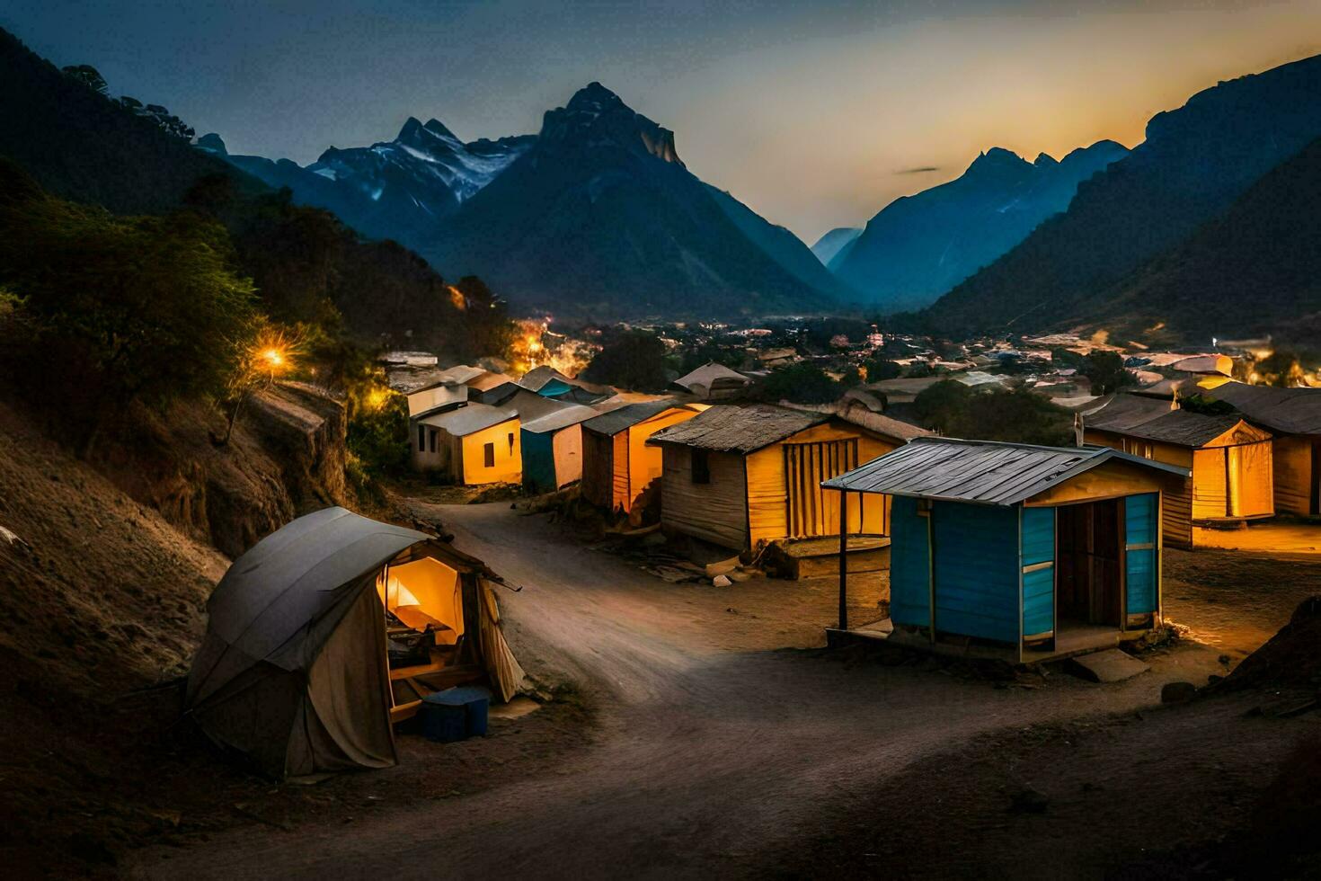 il notte cielo è illuminato su di il luci di un' villaggio nel il montagne. ai-generato foto