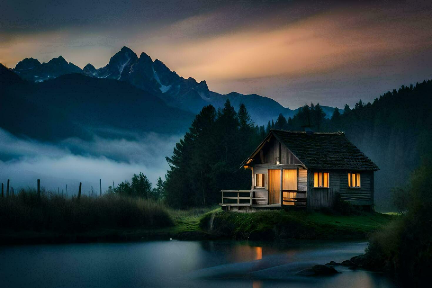il cabina nel il boschi, lago, montagne, nebbia, tramonto, nebbia, lago, montagne. ai-generato foto