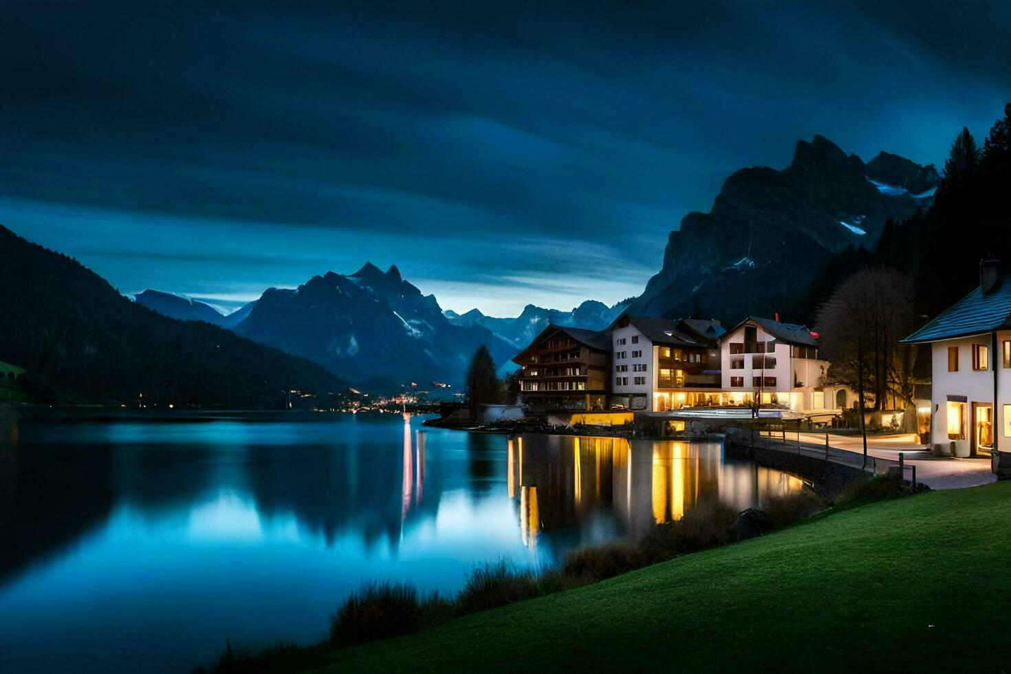 un' lago e case nel il montagne a notte. ai-generato foto