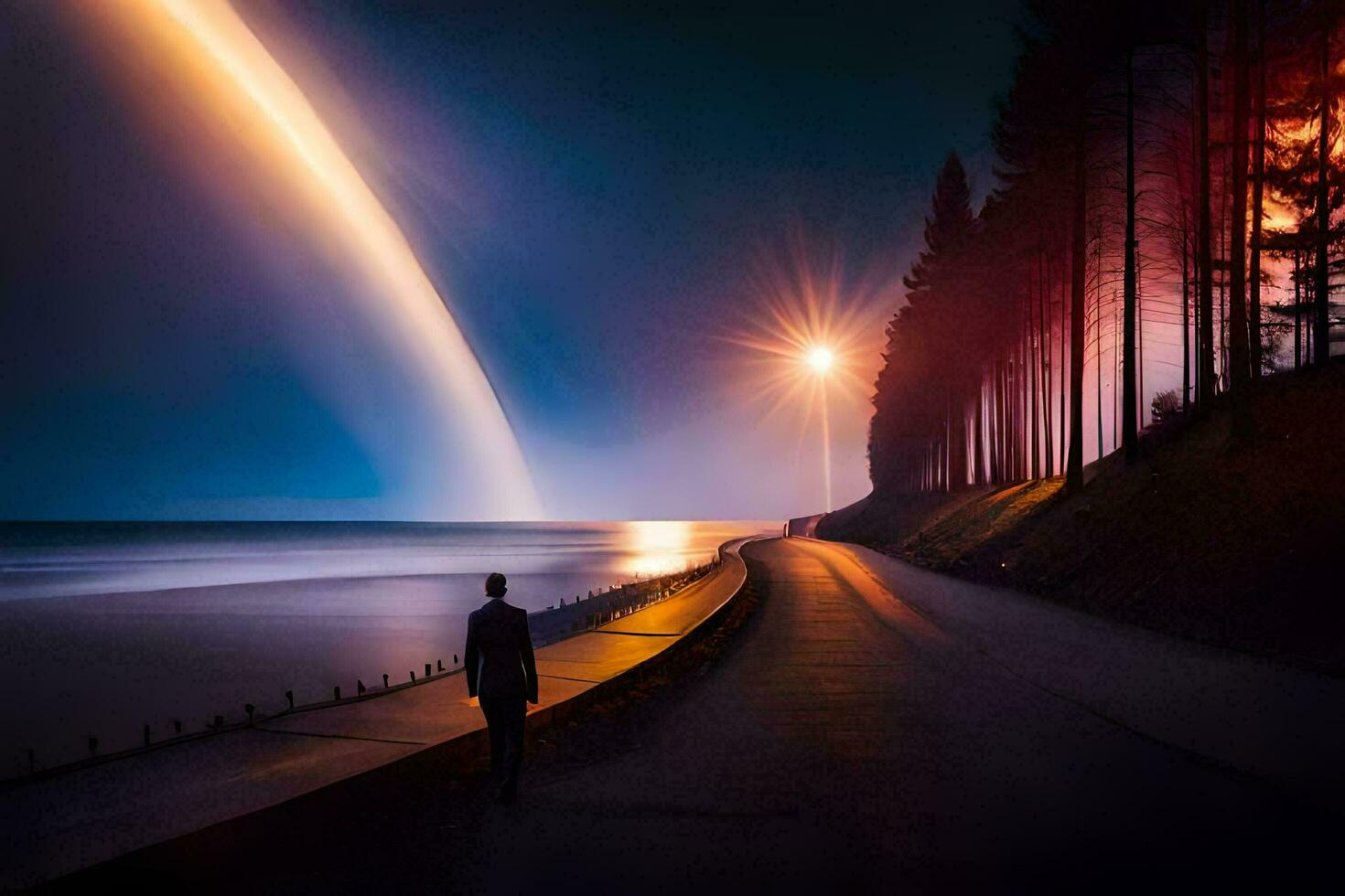 un' uomo passeggiate giù un' strada a notte con un' arcobaleno nel il cielo. ai-generato foto