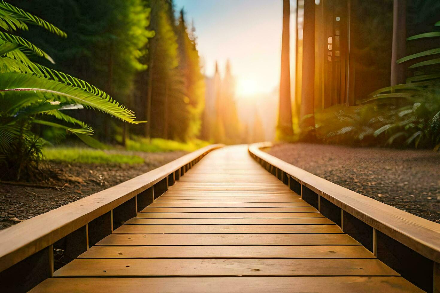 un' di legno sentiero nel il foresta con il sole splendente. ai-generato foto