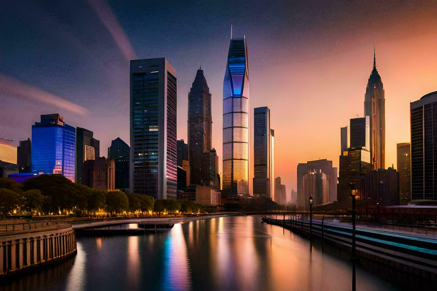 il città orizzonte a tramonto con un' fiume e acqua. ai-generato foto