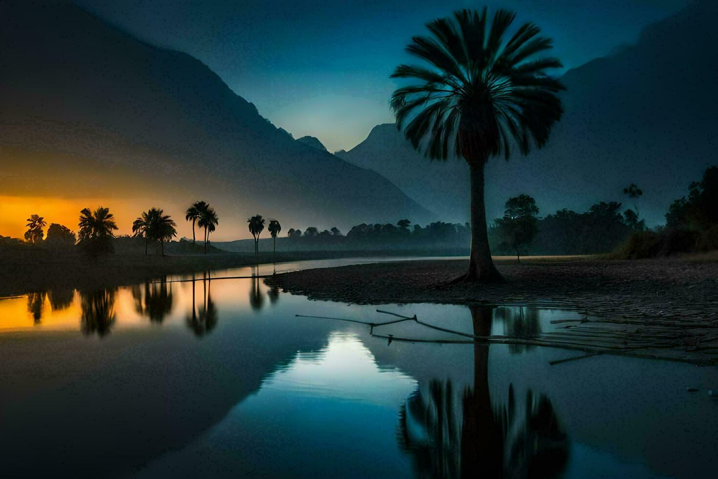 un' palma albero sta nel il mezzo di un' fiume a tramonto. ai-generato foto