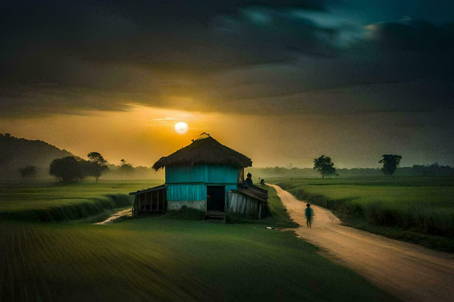 un' Casa nel il mezzo di un' campo a tramonto. ai-generato foto