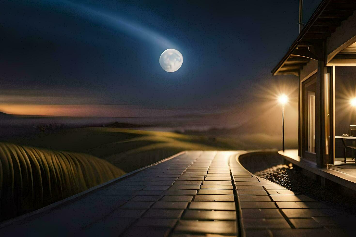 un' Casa con un' pieno Luna splendente al di sopra di esso. ai-generato foto