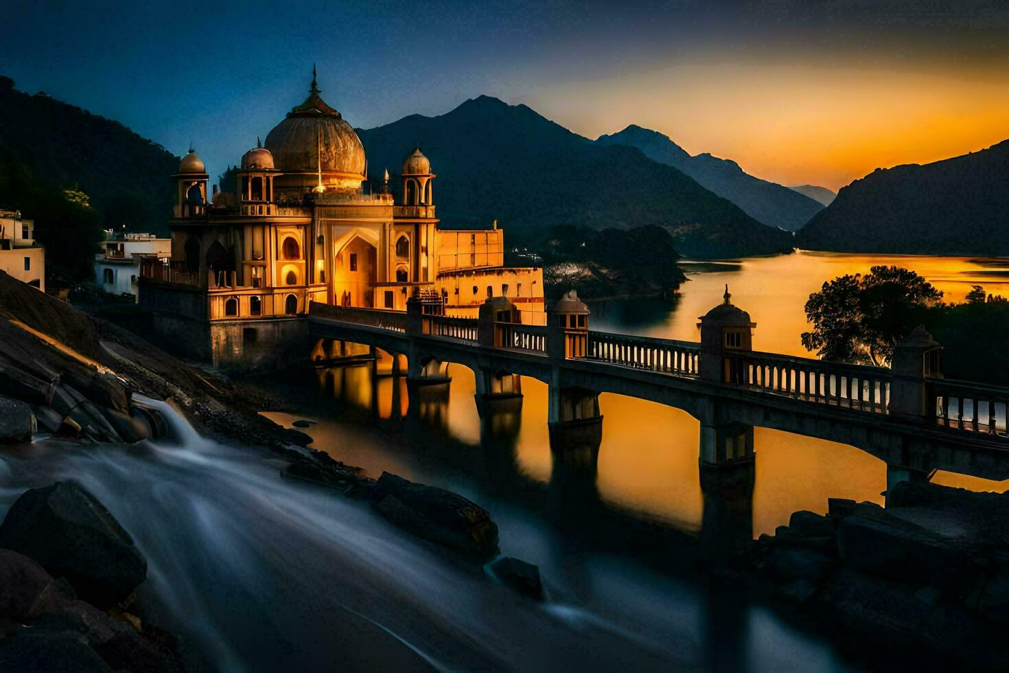 il tramonto al di sopra di il lago e il ponte. ai-generato foto