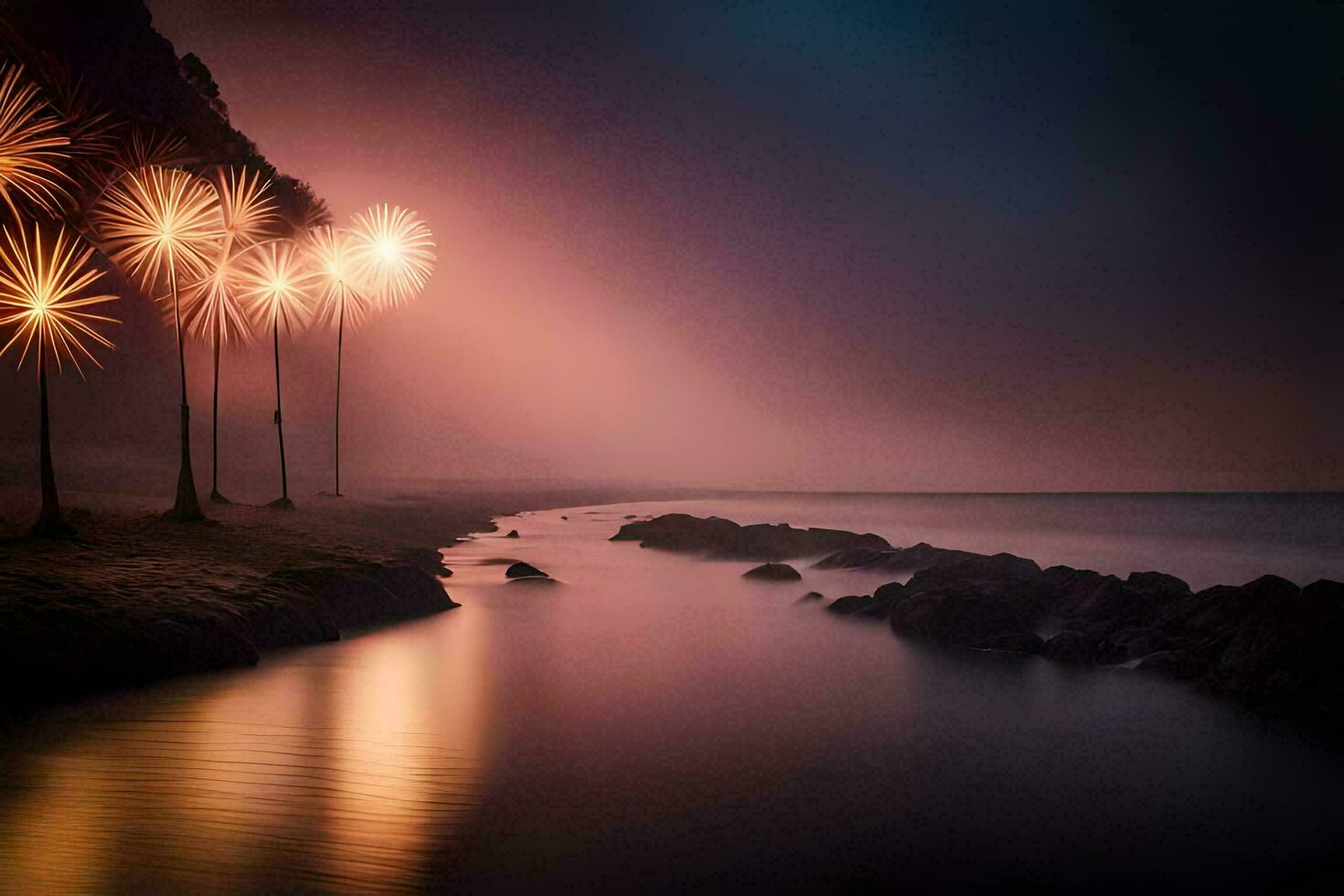 fuochi d'artificio nel il cielo al di sopra di un' spiaggia. ai-generato foto