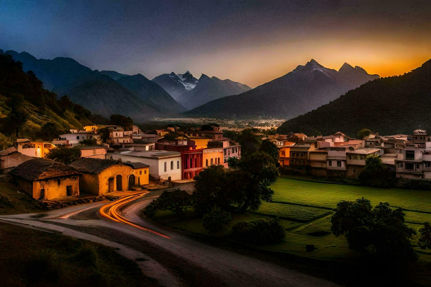 un' villaggio nel il montagne a tramonto. ai-generato foto