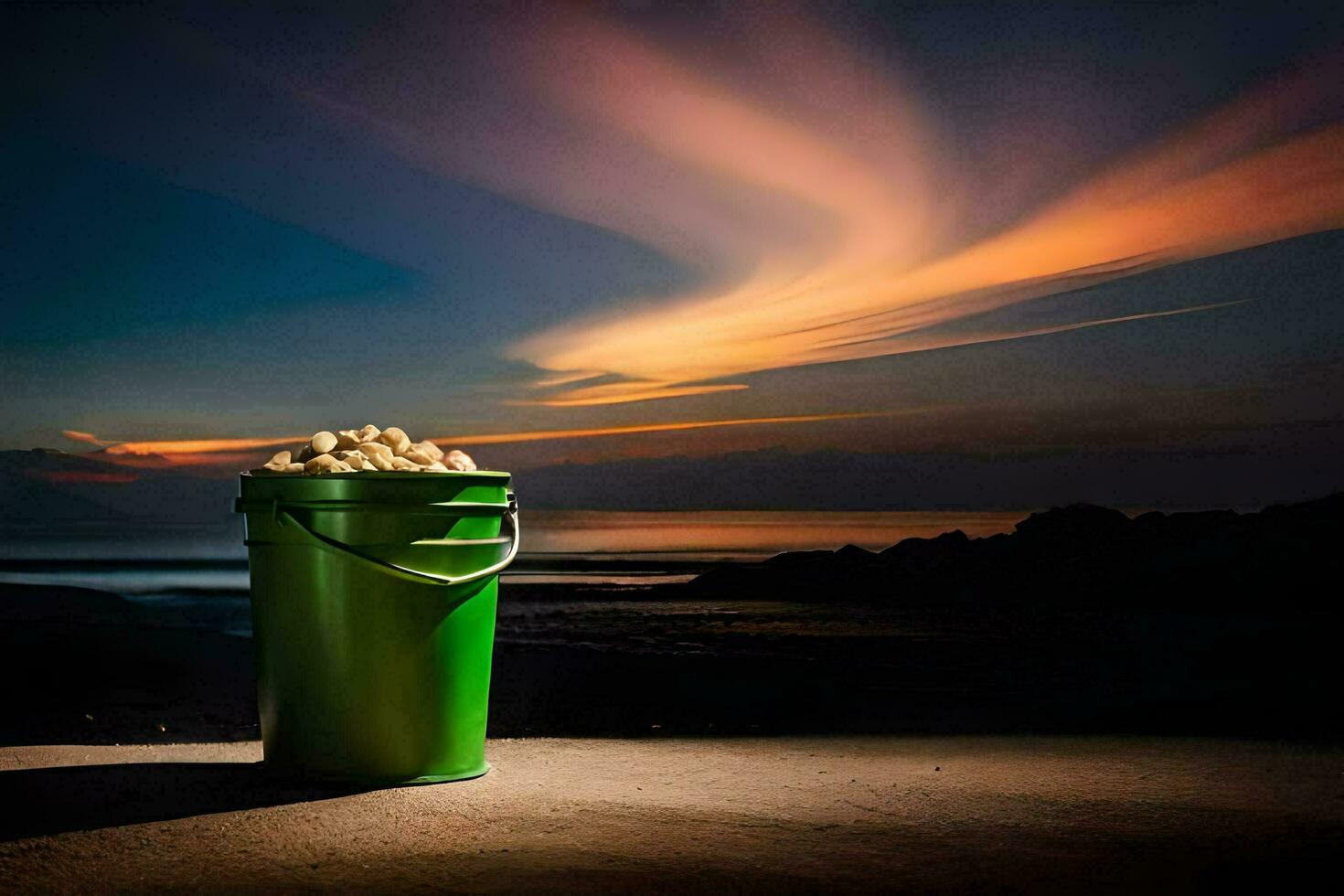 un' secchio di arachidi su il spiaggia a tramonto. ai-generato foto