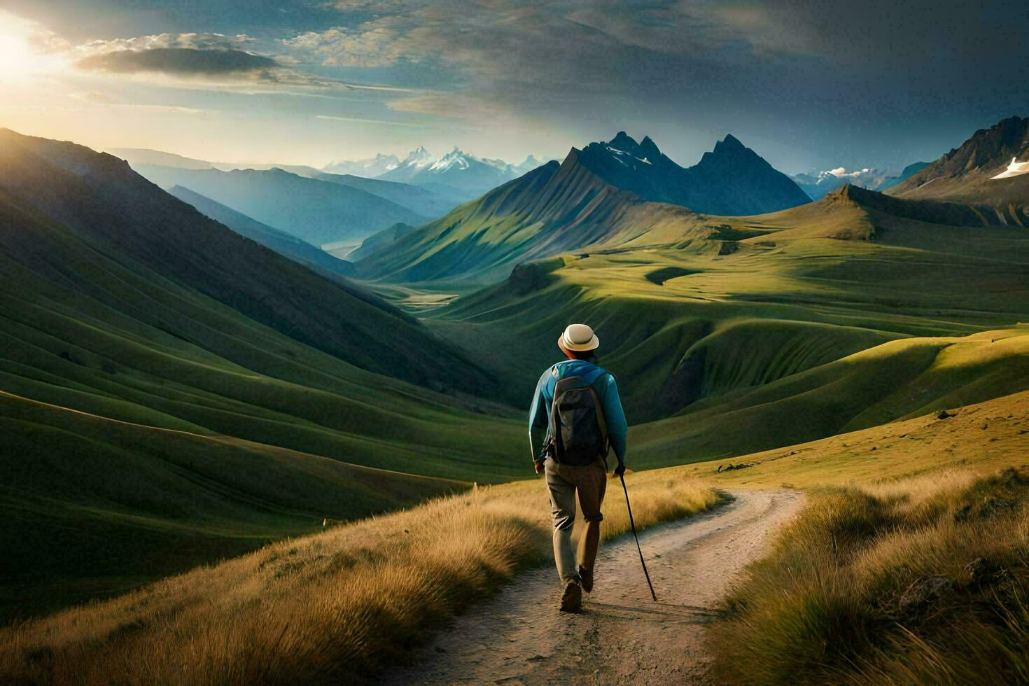 un' uomo con un' zaino passeggiate su un' sentiero nel il montagne. ai-generato foto